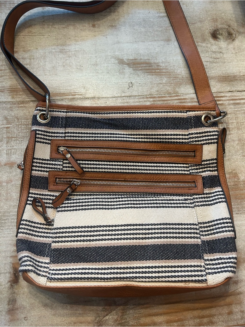 Bueno Navy and Cream Striped Crossbody with Tan Trim and Dual Zip Fronts